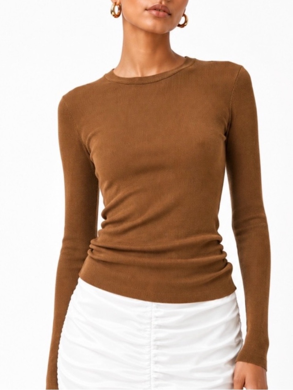 J. CREW Long-Sleeve Cotton Crewneck Top in Brown Size S